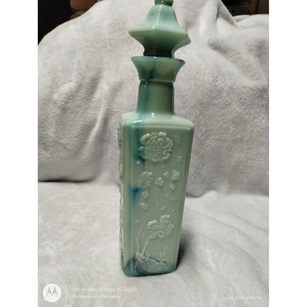 Vintage‎ Blue Green Slag Glass Liquor Bottle Decanter Floral Embossed w/ Stopper